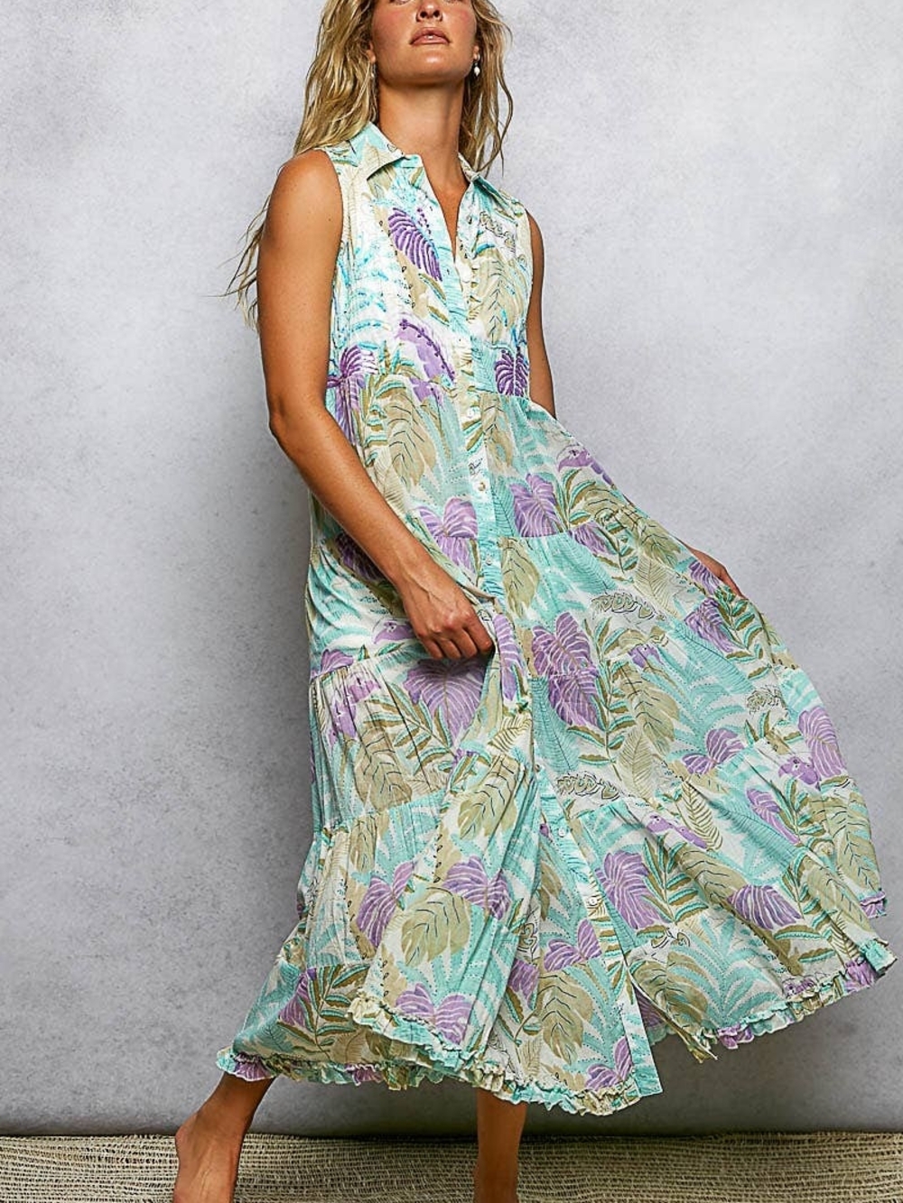 NWOT POL Large Sleeveless Tropical Button-Front Maxi Dress